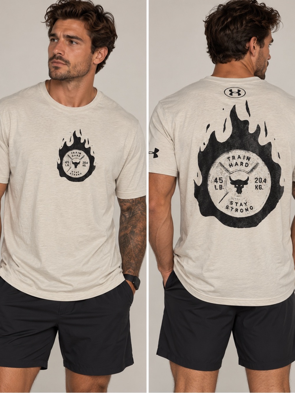 Under Armour Men’s Sand Crewneck T-Shirt with Black Flame Plate Graphic